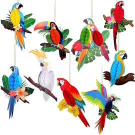 Pack of 9 Tropical Birds Honeycomb Cut-Outs, Hanging Parrot Paper Cut-Outs, Hawaii, Summer, Beach, Luau Party Decorations, Safari, Classroom Decoration, Rainforest Jungle Decoration