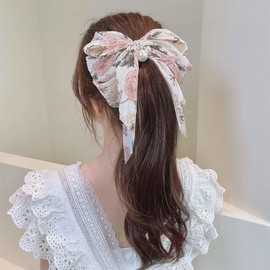 Boho Floral Bow Hair Clip Large Flowers Hair Bow Silky Satin Hair Clips Clip Flower Bowknot Hairpin Head Cover Pearl Bow Hair Barrette Lady Jewellery for Girls Gifts (Beige)