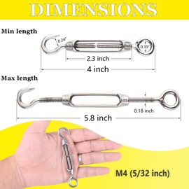 Turnbuckle Lsqurel 10PCS 304 Stainless Steel Turnbuckle Hook and Eye Heavy Duty M4 M6 M8 M10 Tensioner Adjustable Shade Sail Hardware for Tightening up Metal Cable Wire 5/32 1/4 5/16 3/8
