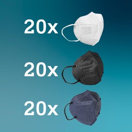 60 FFP2 Masks, CE Certified, Coloured Black, White and Blue (20+20+20), Made in Italy, BFE ≥99%, Individually Sealed Sanitized Mask, EN 149:2001+A1:2009