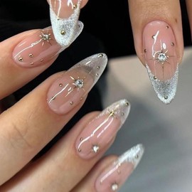 24Pcs Silver Glitter French Tip Press on Nails Medium Almond Fake Nails Glossy Full Cover Nude Pink Glue on Nails 3D Gold Star Rhinestones Acrylic Nails Reusable Stick on Nails for Women Daily Wear