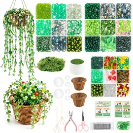 MROUEN 4074 Pcs Green Glass Beaded Plant DIY Kit – Rattan Basket & Pot & Hanging Chain Included, Create a Forever Suncatcher, Ideal Craft Gift for Plant Lovers & Jewelry Makers
