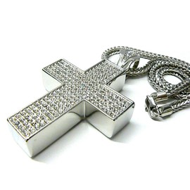 NYFASHION101 Iced Out Big Block Cross Pendant with 4mm 36" Franco Chain Necklace, Silver-Tone