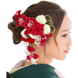 Soubien Hair Ornament, Coming of Age Ceremony, Graduation Ceremony, Set of 2, Red, White, Camellia, Ping Pong Mum, Flowers, Fake Pearl, Knob Handmade, Hanging Ornament, Wisteria Hanging, Hair Clip,