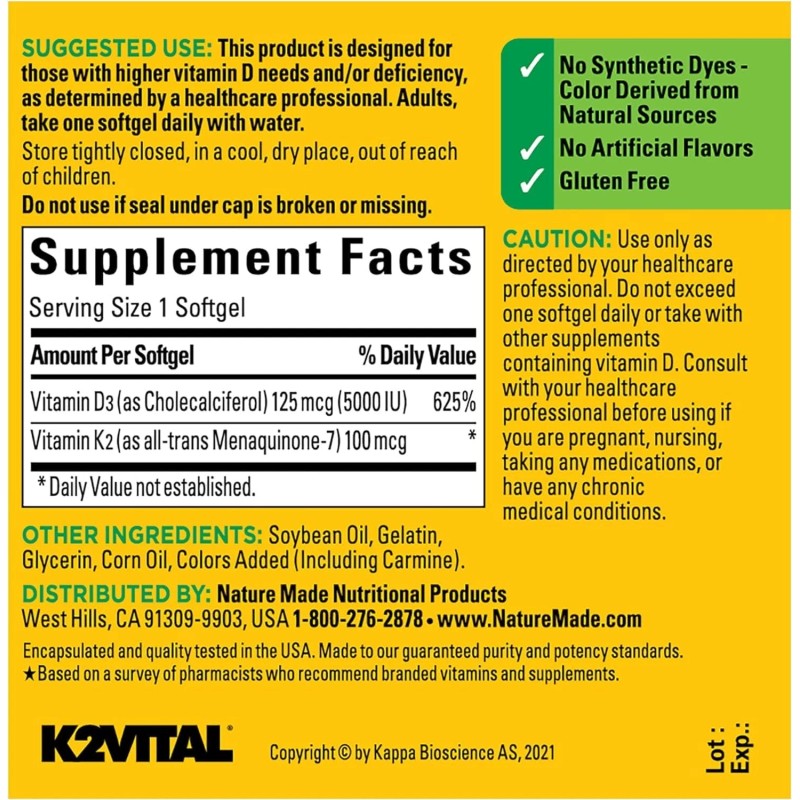 Nature Made Vitamin D3 K2 Softgels 5000 Iu 125 Mcg