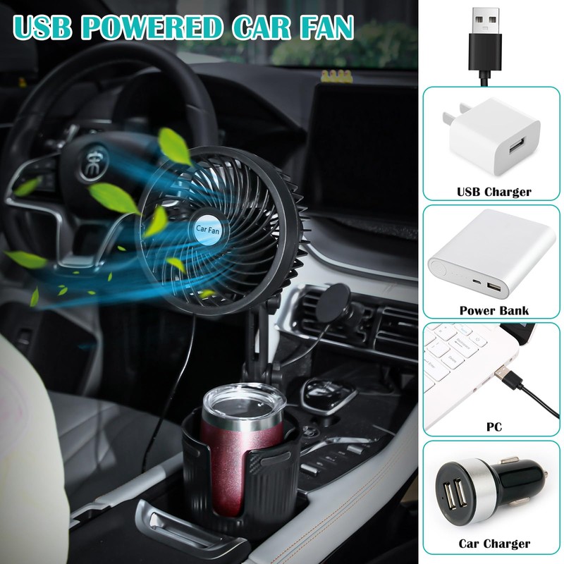 DaisyInner 2 Pcs USB Car Fan with Cup Holder 2