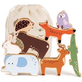 PairPear Large Wooden Animal Stacking Blocks for Toddlers, Montessori Toys Building Stacking Toys & Bag, Educational Balancing Activity Toy for Kids Toys Age 18 Months+