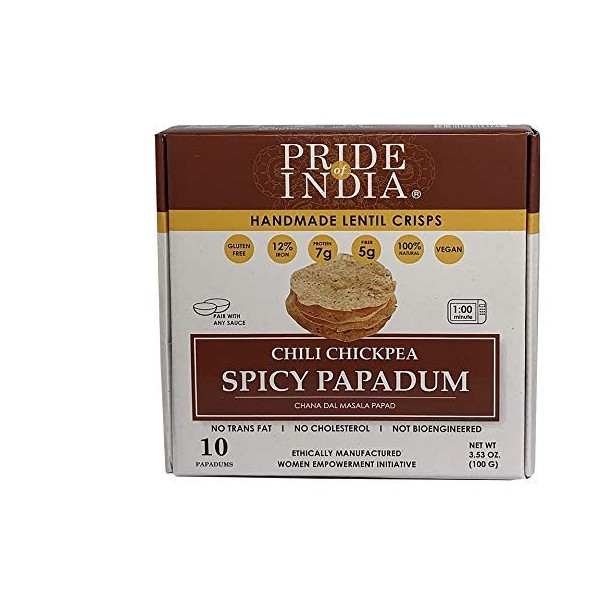 Pride Of India - Spicy Chickpea Masala Papadum Lentil Crisp, Pack of 6 - 10 count Box (3.53oz - 100gm) - Instant Popping Chips, Gluten-Free Crackers, Healthy Indian Snacks