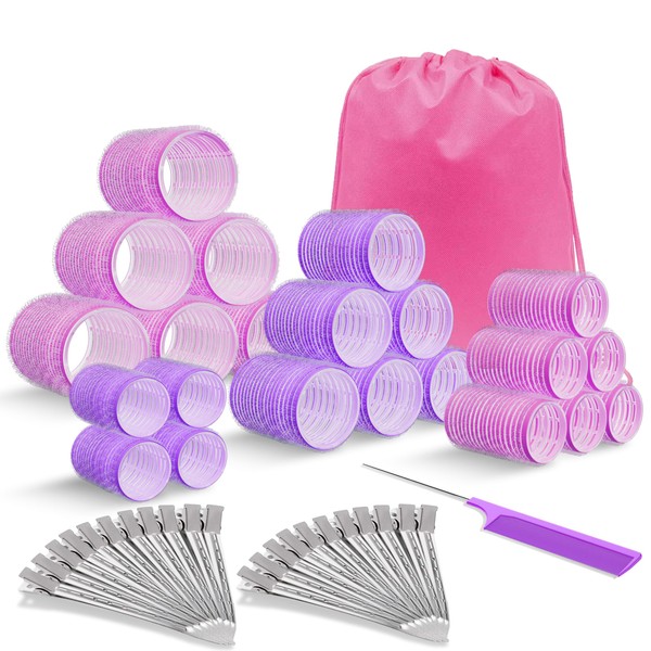 46 Pcs Hair Rollers with clips, Velcro rollers for hair volume, Hair Rollers for Long Medium Short Hair 4 Sizes Jumbo Large medium small Hair Curlers rollers (22 Rollers +22 clips +1 Tail comb +1 Bag)