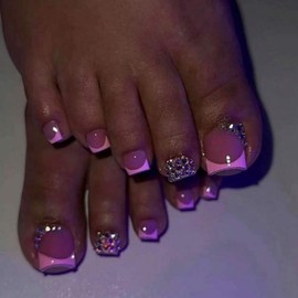 French Tip Press on Nails Toes Short Square Fake Toenails with Rhinestones Designs Full Cover Nude Acrylic Glue on Toenails Pink Nail Tips False Toenails Shiny 3D Diamond Stick on Toenails for Women