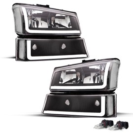 TUSDAR LED DRL Headlight Assembly 4pcs Fit 2003-2006 Chevy Silverado Avalanche1500 2500 HD 3500, 2007 Silverado Classic w/Bumper Lights Bulbs Included Black Housing Clear Lens L Style