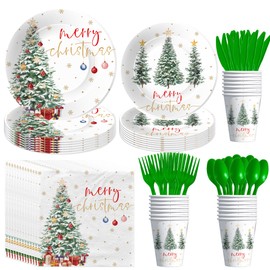 Xenorik Christmas Party Decorations And Supplies, Christmas Tree Theme Holiday Merry Xmas Table Decorations Tableware, Paper Plate, Cup, Napkin, Disposable Cutlery, Serves 24