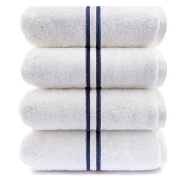 Maisonette Loft Baratta Egyptian Cotton Turkish Bath Towels, Soft & Absorbent, Ideal Quick Dry Large Bathroom Towel Set for Shower (30" x 58", 4 Pack) - White, Navy Striped