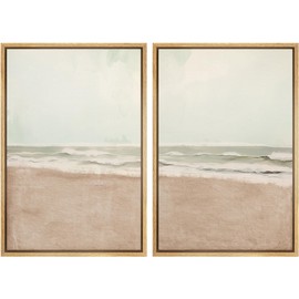 Ashbrook Framed Canvas Print Wall Art Set Coastal Calm Peaceful Shoreline and Oceanic Horizon Illustrations Modern Art Decorative Minimal for Living Room, Bedroom, Office - 16"x24"x2 Natural
