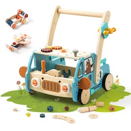 OESSUF 2-in-1 Wooden Baby Walker with 40 PCS Tool Toys – Baby Push Walker for 6-12 Months, Activity Center for Toddlers Aged 1-3 Years, Montessori Toy for Boys and Girls (Blue)