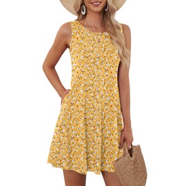 AUSELILY Womens Summer Dresses 2025 Casual Sleeveless Boho Floral Sundresses Beach Swimsuit Coverup with Pockets, Yellow Flower M
