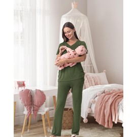 Rnxrbb V Neck Maternity Postpartum Pajamas Set Nursing Pajama Pjs for Women Breastfeeding with Pockets 2 Pieces, Army Green, Medium