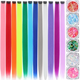 Colored Hair Extensions, 22 Inch Straight Clip in Hair Extension Body Face Hair Glitter Multi Color Rainbow Pink Red Hairpiece Extensions for Kids Girls Women (Glitter+12 color)