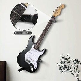 Electric Guitar Wall Mount Hanger Horizontal Hidden Design, Solid Wood Holder with Adjustable Hooks, Neck Protection (Black)