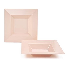 " OCCASIONS " 120 Pieces Plate Pack, Heavyweight Disposable Wedding Party Plastic Square Bowls For Christmas(12oz Soup Bowl, Square in Peach/Blush)