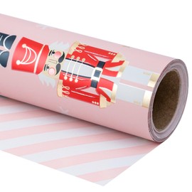 LeZakaa Reversible Christmas Wrapping Paper Roll - Pink Metallic Foil Gift Wrap Paper with Nutcracker & Stripe - 17 inches x 32.8 Feet (46.45 sq.ft.)