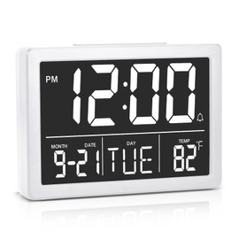 Amgico Digital Alarm Clock with Snooze, Small Clock/Table Clock, 6.3" LED Digital Calendar, 12/24H, Adjustable Brightness/Volume, Desk Clock for Bedroom, Living Room, Office - White