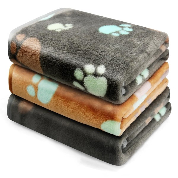 REETEE Soft plush dog blankets, kitten blanket, 3-piece washable dog blanket, sofa dog blanket (Grey/Camel/Grey, S: 40 x 60 cm)