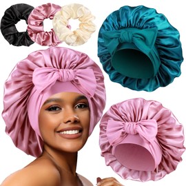 2+3 Large Satin Bonnets with Scrunchies for Women, Hair Bonnet Sleeping Tie Bonnet for Braids Curly Hair, F