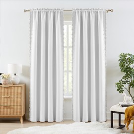 Melodieux White Pom Pom Curtains for Bedroom Living Room 72 Inch Length, Half Blackout Boho Cotton Curtains Luxury Elegant Decorative Kids Nursery Curtain Drapes 2 Panels Rod Pocket, 52 by 72 in