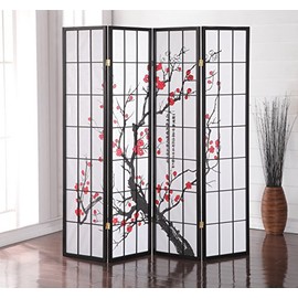 Roundhill Furniture Black Japanese 4-Panel Screen Room Divider, Plum Blossom
