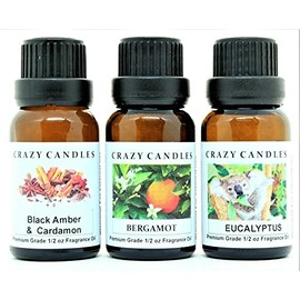 Crazy Candles 3 Bottles Set, 1 Black Amber & Cardamon, 1 Bergamot, 1 Eucalyptus 1/2 Fl Oz Each (15ml) Premium Grade Scented Fragrance Oils