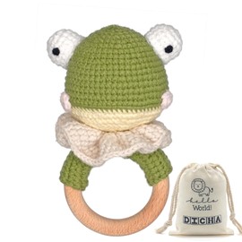 DICHA Wood Baby Rattle-Crochet Baby Rattle- Infant Rattle Sensory Development Wooden Toys Set-includes Beech Wooden Teething Ring-Frog