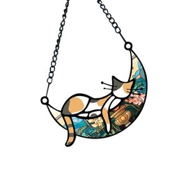Stained Glass Window Hanging Cat, Cat Suncatchers for Windows Hanging, Sun Catchers Indoor Window Cat Sleeping on Moon Suncatcher Decorations Stained Glass Decor for Home
