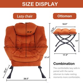 LITA Lazy Chair with Ottoman, Modern Lounge Accent Chair with Armrests and a Side Pocket, Leisure Upholstered Sofa Chair Set, Reading Chair with Footrest for Small Space, Corner Chair,Orange