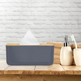 Relaxdays Tissue Box, Refillable, Bathroom, Napkin Dispenser, Bamboo Lid, Plastic, 10 x 23 x 13 cm, Grey/Natural