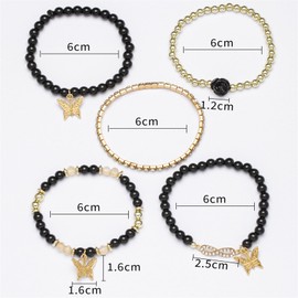 4Pcs Set Bohemian Butterfly Crystal Stone Stretch Pendant Bracelets for Women Gold Beaded Stackable Stretch Bracelet Colorful Charm Jewelry Boho Summer Beach-Rose Black