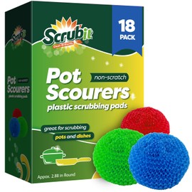 SCRUBIT 18 Round Nylon Dish Scrubber Scouring Pads, 3 Packs of 6 Scour Pads - Assorted Colors - Tough and Durable - Non-Scratch for Non-Stick Cookware