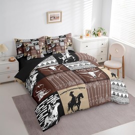 Country Western Bedding Sets Queen,Tribe Geometry Aztec Bed in a Bag Queen Comforter Set 7 Piece,Cowboy Horse Sheet Set with Comforter,Gothic Bull Skull Cowgirl Southwestern Decor,Black Brown