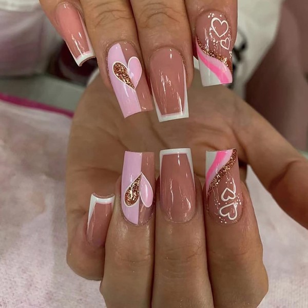 Nude Pink Press on Nails, Pack of 24 Gold Glitter Artificial Nails, Shiny Medium Length Artificial Nails, Full Cover French Nails with Love and Line Design, Nail Art for Women and Girls, Party Salon