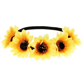 GORTIN Boho Sunflower Crown with 11 Flowers, Fabric & Faux Leather Hair Band, Handmade Floral Headpiece for Women and Girls