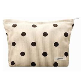 Makeup Bag for Women,Large Corduroy Cosmetic Bags Travel Zipper Pouch Girls Washable Toiletry Bag Organizer,Apricot Dots