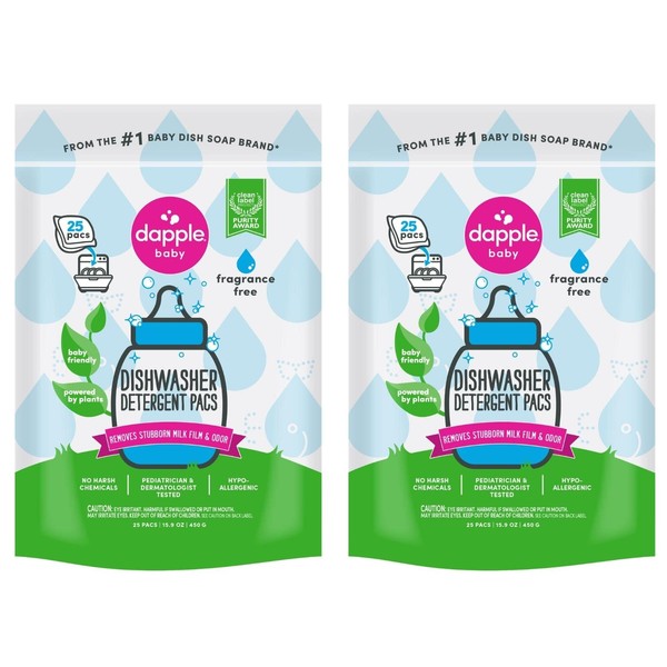 Dishwasher Detergent Pacs by Dapple Baby, 25 Count Pouch (Pack of 2), Fragrance Free, Plant Based & Hypoallergenic Dishwasher Pods - Removes Milk Residue & Odor - Dishes, Baby Bottles & Kitchenware