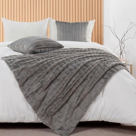 BYTIDE Striped Throw Blanket and Pillow Covers Set (No Inserts) for Couch and Bed, Plush Warm Lightweight Fuzzy Faux Fur Blanket for All Seasons (60" x 80", Gray)