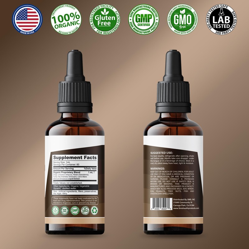 Mushroom Complex Liquid Drops, Lions Mane, Turkey Tail, Chaga, for