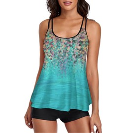 Urchics Womens Gray Tankini Swimsuit Tank Top Two Piece Bathing Suits with Boyshorts Green Blue Floral L