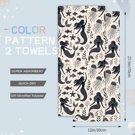 amepay Black and White Mermaid Hand Towels - 2 Pack, 14.5" X 28",Soft Microfiber Polyester Ocean Towel Set with Cute Jellyfish Pattern,for Nautical Coastal Bathroom Kitchen Spa Hotel Decor Gifts