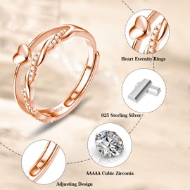 YOKIKA Rose Gold Plated Rings for Women Girls Adjustable Stacking Heart Thumb Rose Gold Ring with Cubic Zirconia Eternity Wedding Promise engagement rings for lady Birthday Christmas