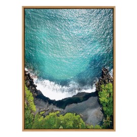 Kate and Laurel Sylvie Maui Black Sand Beach 1 Framed Canvas Wall Art by Rachel Bolgov, 28x38 Gray, Coastal Beach Art for Wall