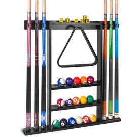 Pool Stick Holder, Wall Mount Pool Cue Rack ,Solid Wood Floor Stand for billiard cue sticks,Holds 6 Pool Cues & a Full Set of Balls,Professional Pool Table Accessories for Billiard Room or Club