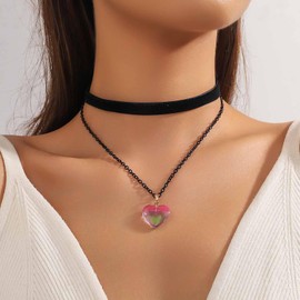 Allereyae Vintage Layered Heart Choker Necklace Pink Resin Heart Necklace Black Velvet Collar Necklace Puffed Heart Chain Necklace Heart Velvet Necklace Jewelry for Women